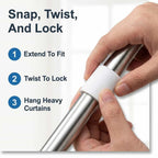 Aarenza adjustable curtain pole with twist fit mechanism, shown in three-step installation process, featuring sleek metal finish.