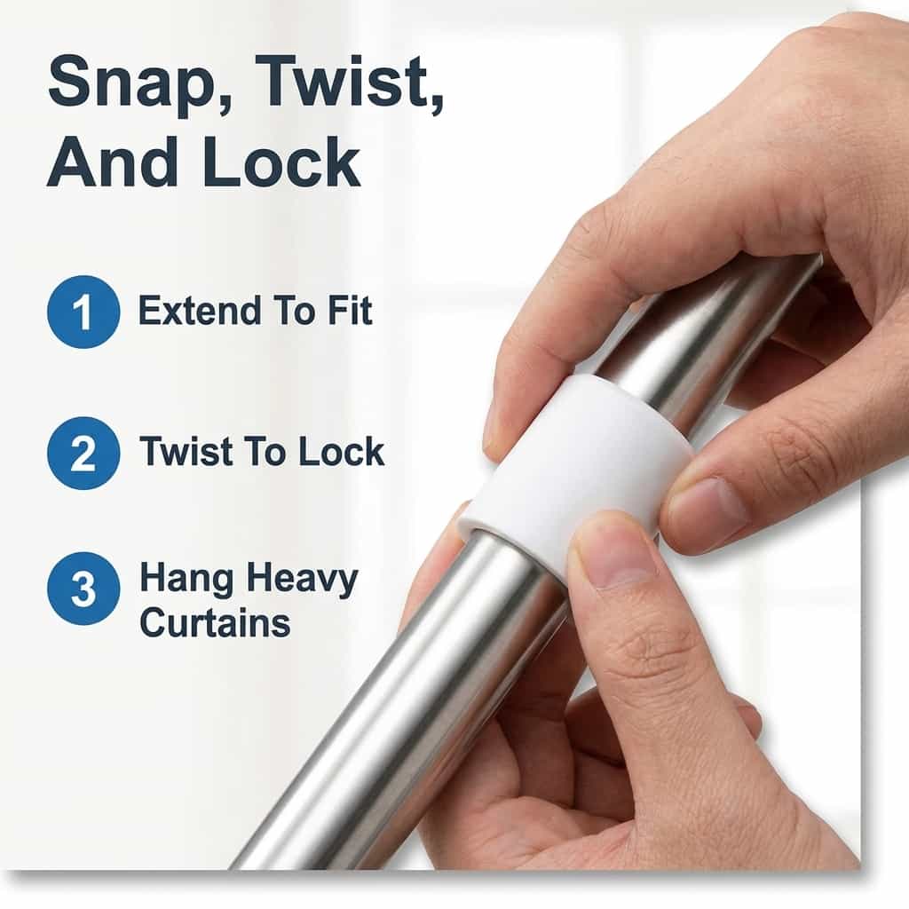 Aarenza adjustable curtain pole with twist fit mechanism, shown in three-step installation process, featuring sleek metal finish.