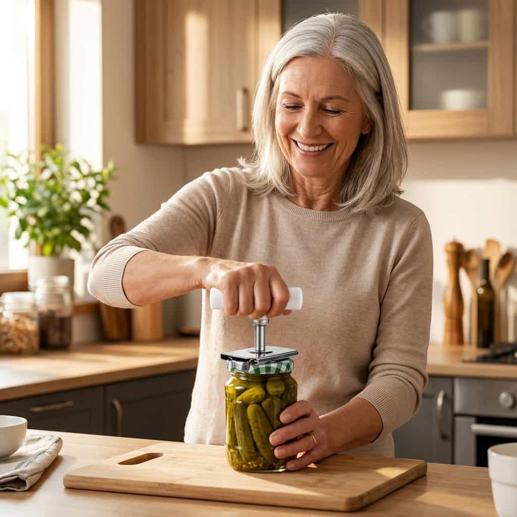 Aarenzza adjustable jar opener in use, with hands gripping the tool on a kitchen countertop, demonstrating ease of opening jars.