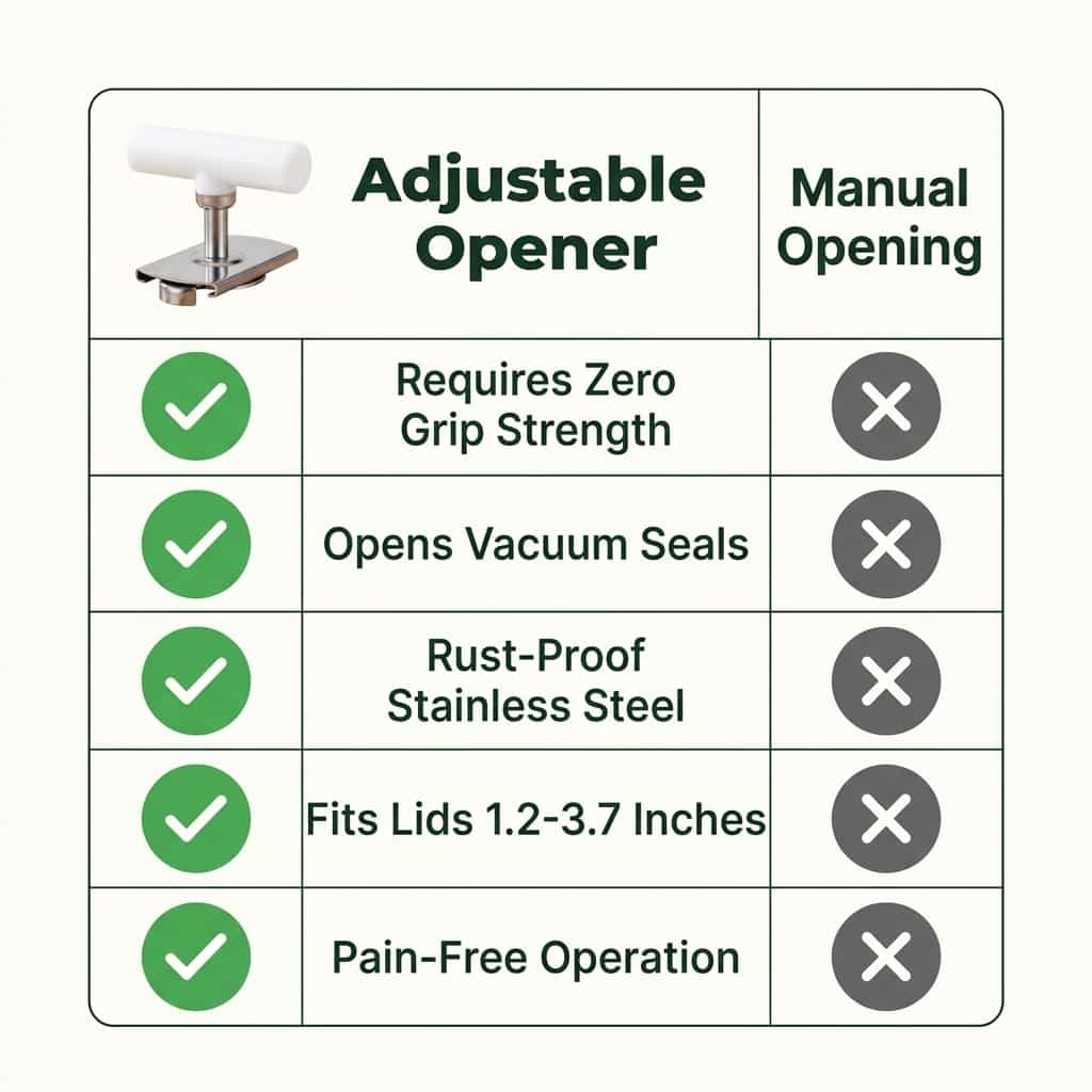 Aarenzza adjustable jar opener with ergonomic handle, shown alongside other kitchen tools in a comparison table.