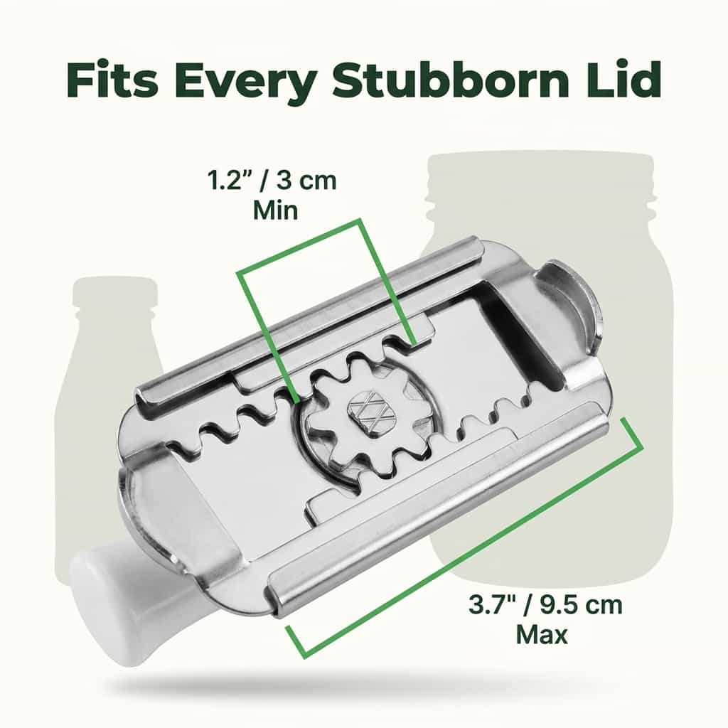 Aarenza adjustable jar opener with a 6-dimension size diagram showing its versatile grip and ergonomic design.