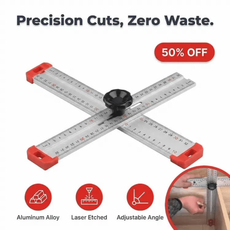 AlignMax™ precision woodworking tool by Arenzza, shown in use for accurate, clean cuts on wood surfaces.