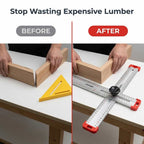 Arenzza AlignMax™ precision woodworking tool showing before and after split cuts for perfect, clean cuts in wood.