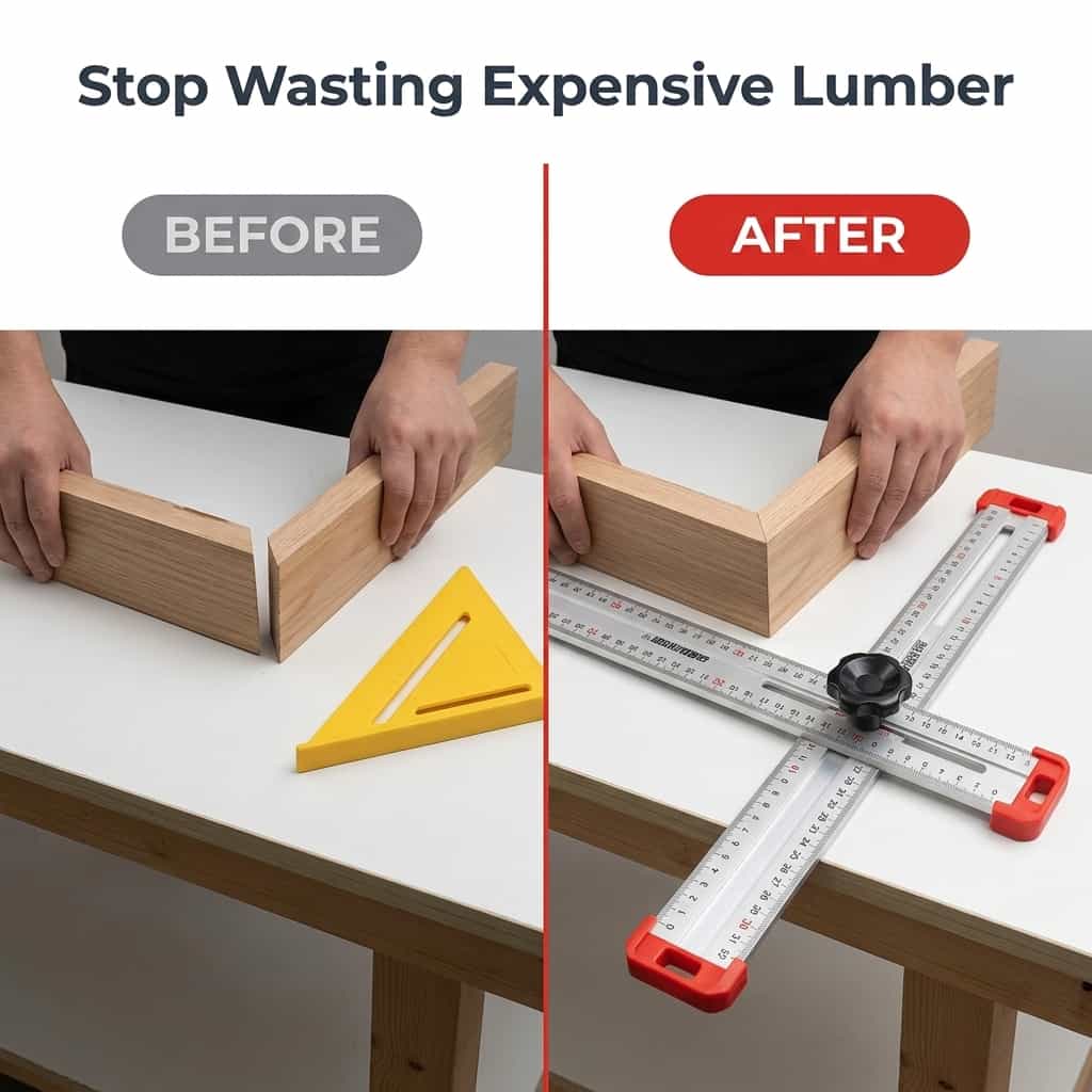 Arenzza AlignMax™ precision woodworking tool showing before and after split cuts for perfect, clean cuts in wood.
