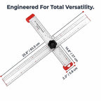Aarenza AlignMax precision woodworking tool with a 7-dimension size diagram showing detailed measurements for perfect cuts.