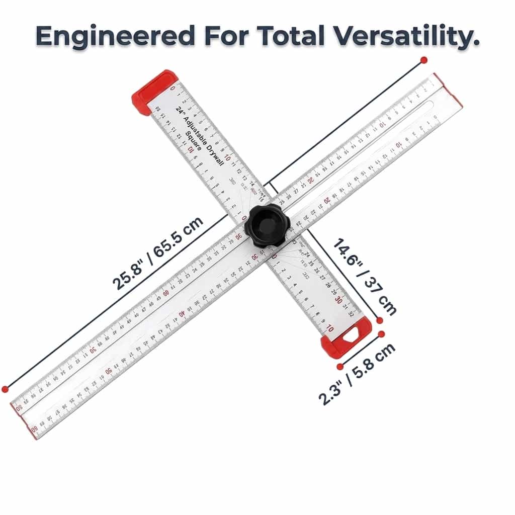 Aarenza AlignMax precision woodworking tool with a 7-dimension size diagram showing detailed measurements for perfect cuts.
