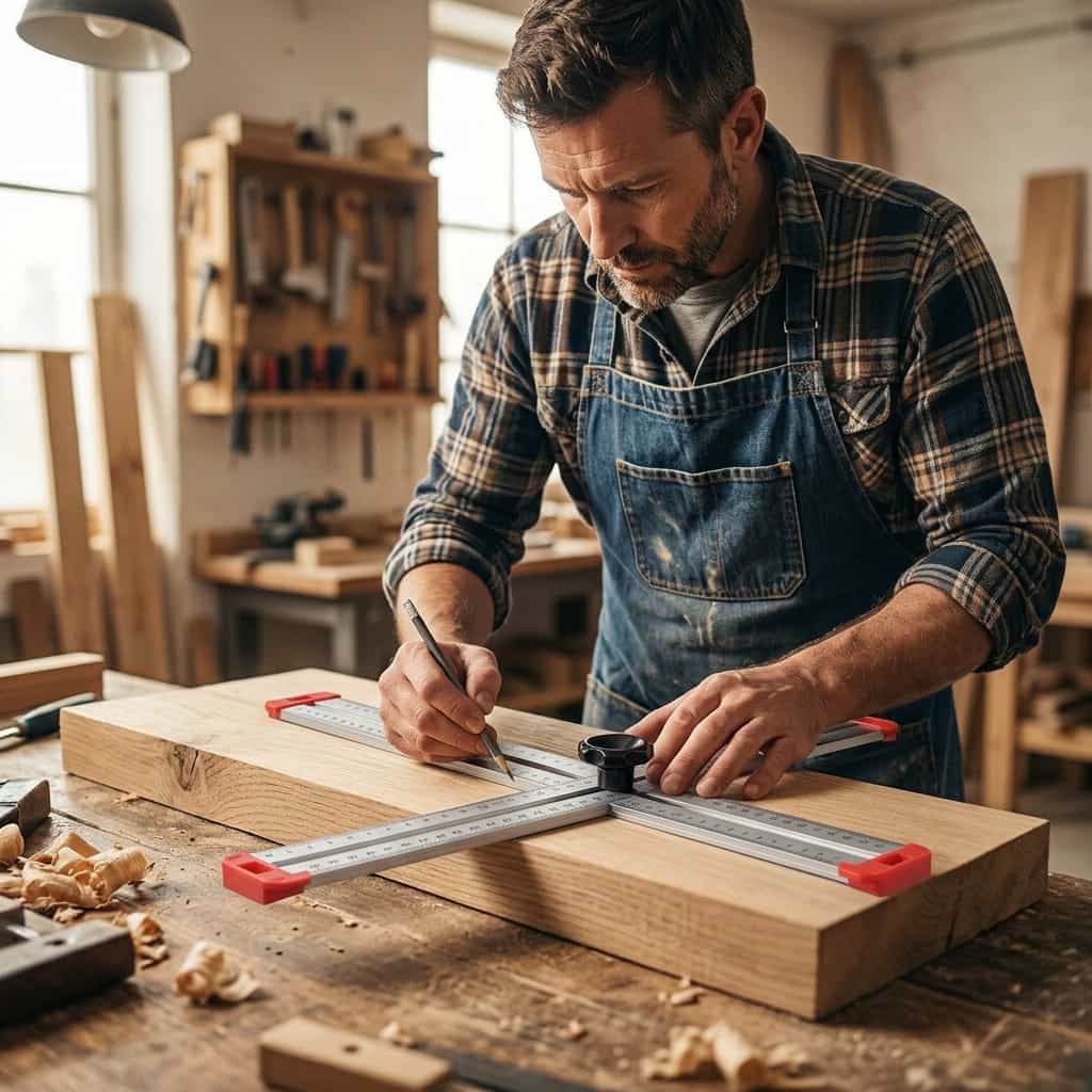 A person using the AlignMax™ precision woodworking tool by Arenzza for accurate cuts in a workshop setting.
