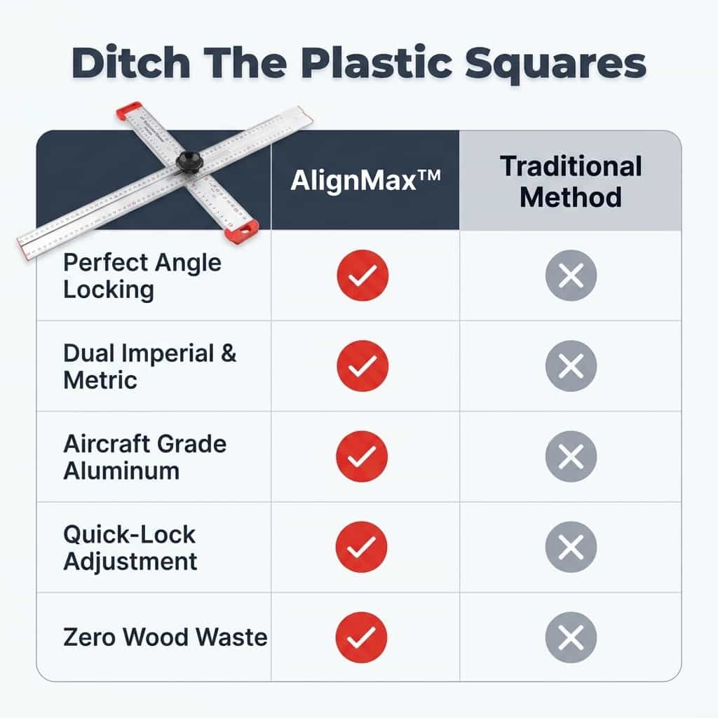 AlignMax™ precision woodworking tool by Arenzza shown in a comparison table with detailed features and usage illustrations.