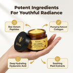 Arenzza anti-aging peptide face cream with callouts highlighting six skin benefits, shown with arrows pointing to key features.
