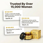 Arenzza Anti-Aging Peptide Face Cream jar displayed on a social proof wall with positive reviews and skincare benefits.