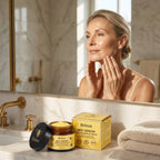 A woman applying Arenzza Anti-Aging Peptide Face Cream in a daily skincare routine, demonstrating healthy, glowing skin.