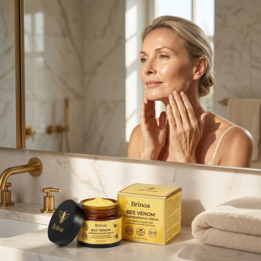 A woman applying Arenzza Anti-Aging Peptide Face Cream in a daily skincare routine, demonstrating healthy, glowing skin.