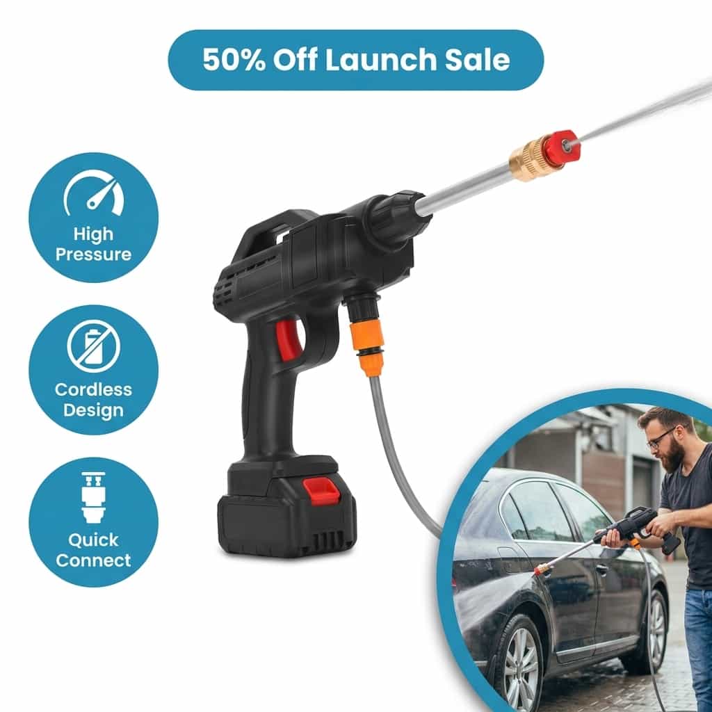 Arenzza AquaBlast™ cordless power cleaner with a sleek handle and cleaning nozzle, ready for versatile household cleaning tasks.