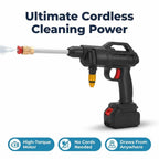 Arenzza AquaBlast™ cordless power cleaner with LED light, handheld device for cleaning various surfaces, shown in use.
