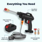 AquaBlast™ cordless power cleaner by Arenzza with three cleaning attachments and accessories included in the bundle.