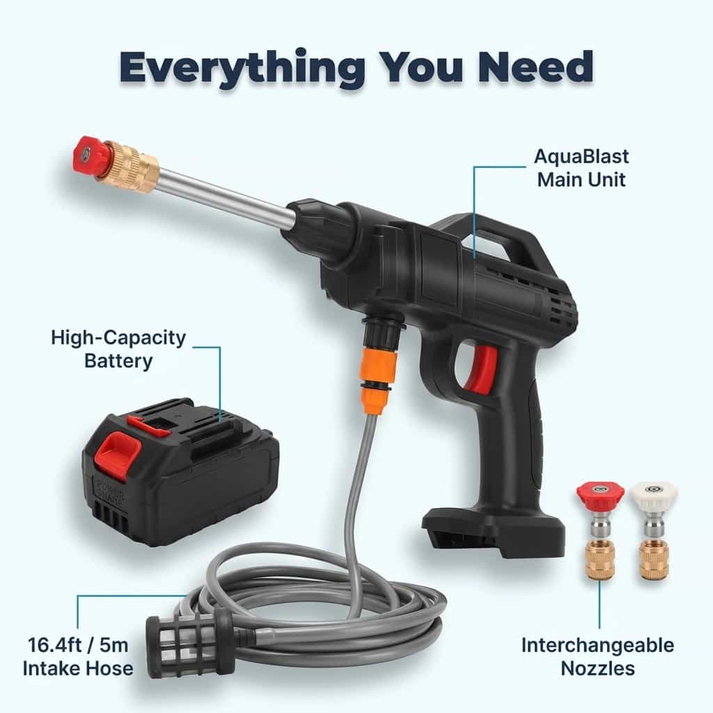 AquaBlast™ cordless power cleaner by Arenzza with three cleaning attachments and accessories included in the bundle.