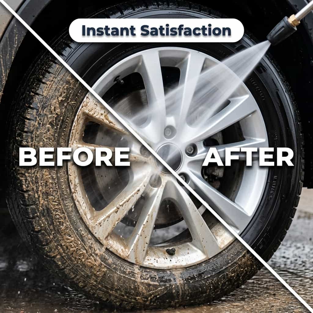 AquaBlast™ Cordless Power Cleaner by Arenzza showing a split image of surface cleaning before and after using the device.