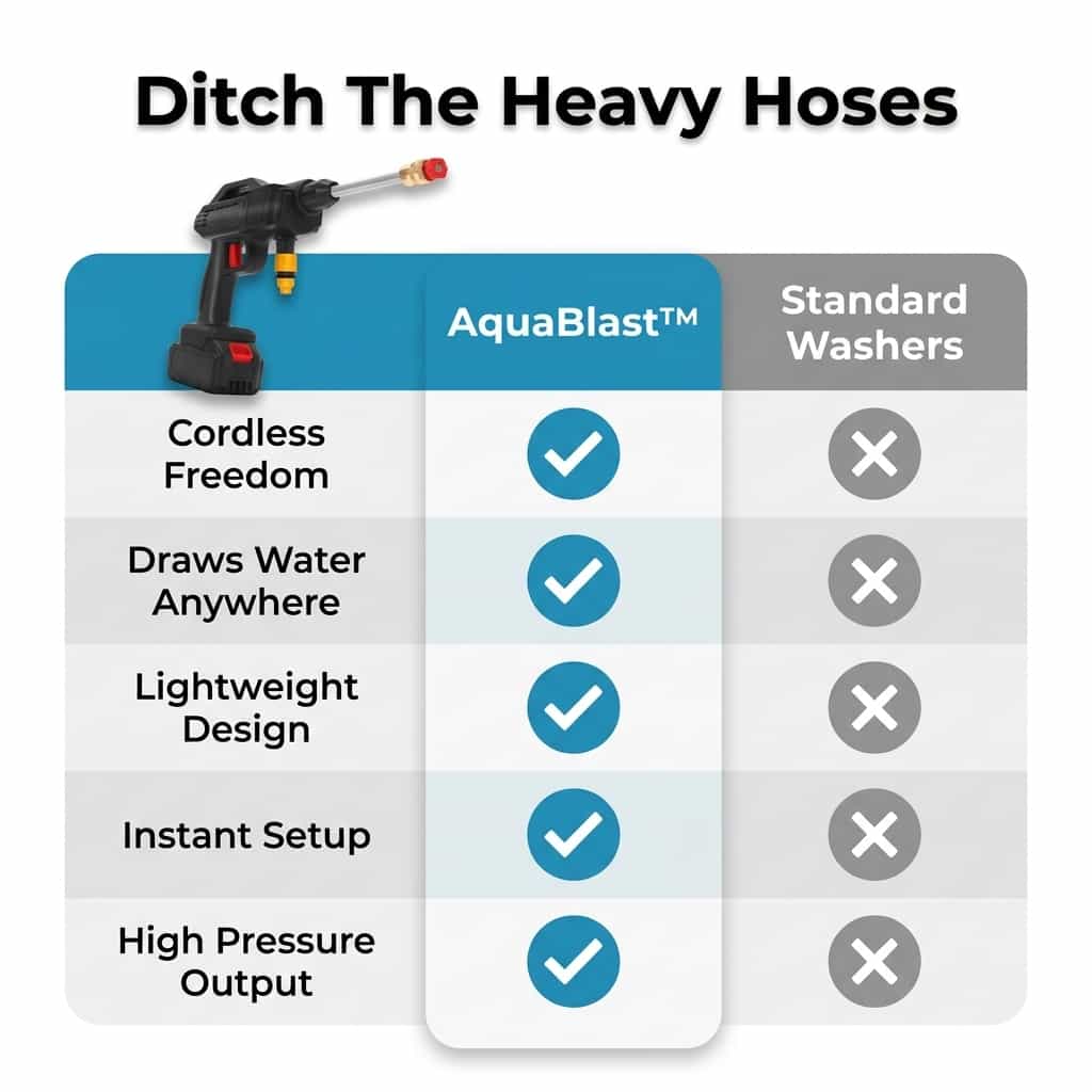 Comparison table for AquaBlast™ Cordless Power Cleaner by Arenzza showing features and specifications.