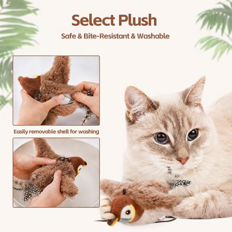 Arenzza BirdBuddy interactive bird toy for cats, featuring colorful feathers and a playful design for feline entertainment.