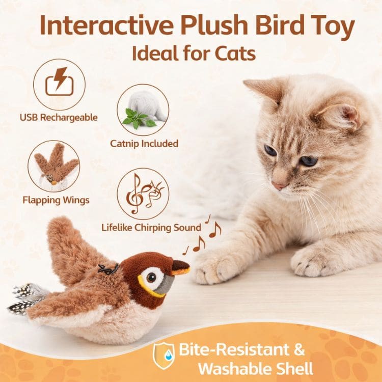 Arenzza BirdBuddy interactive bird toy for cats, featuring colorful feathers and hanging design to engage feline playfulness.