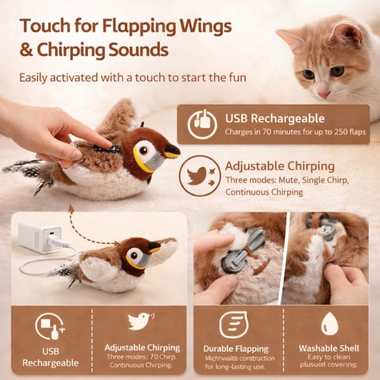 Arenzza BirdBuddy™ interactive bird toy for cats, featuring colorful feathers and a playful design to engage feline curiosity.
