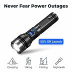 Arenzza BrightMax Ultra-Bright Zoom LED Flashlight with adjustable focus, black cylindrical body and textured grip.