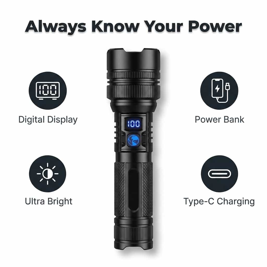 Aarenzza BrightMax™ Ultra-Bright Zoom LED Flashlight with adjustable focus and durable black body, shown with beam extended.