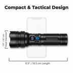 Aarenza BrightMax Ultra-Bright Zoom LED Flashlight with adjustable focus, shown with dimensions on a technical diagram.
