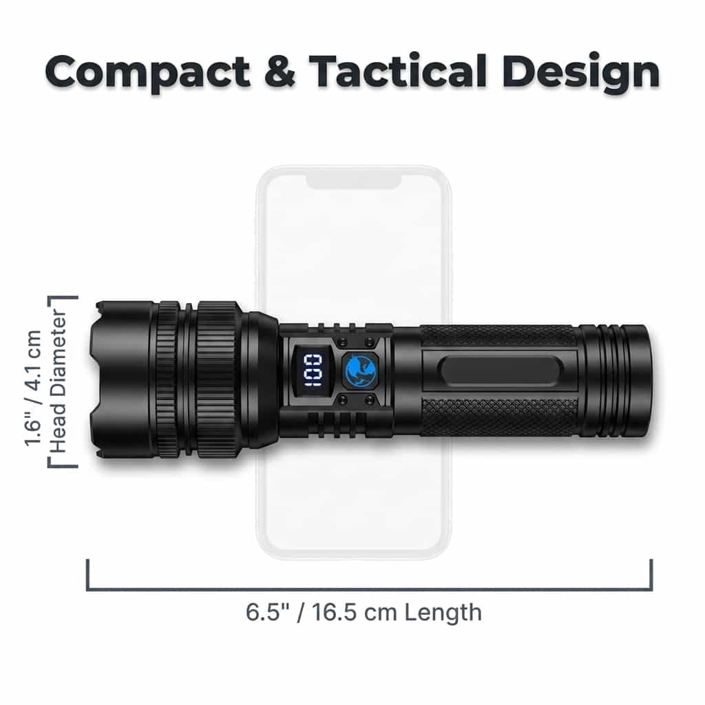 Aarenza BrightMax Ultra-Bright Zoom LED Flashlight with adjustable focus, shown with dimensions on a technical diagram.