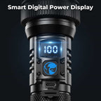 Arenzza BrightMax™ Ultra-Bright Zoom LED Flashlight with adjustable focus and powerful beam in a compact black design.