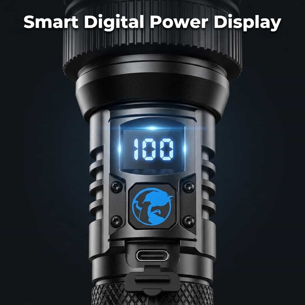 Arenzza BrightMax™ Ultra-Bright Zoom LED Flashlight with adjustable focus and powerful beam in a compact black design.