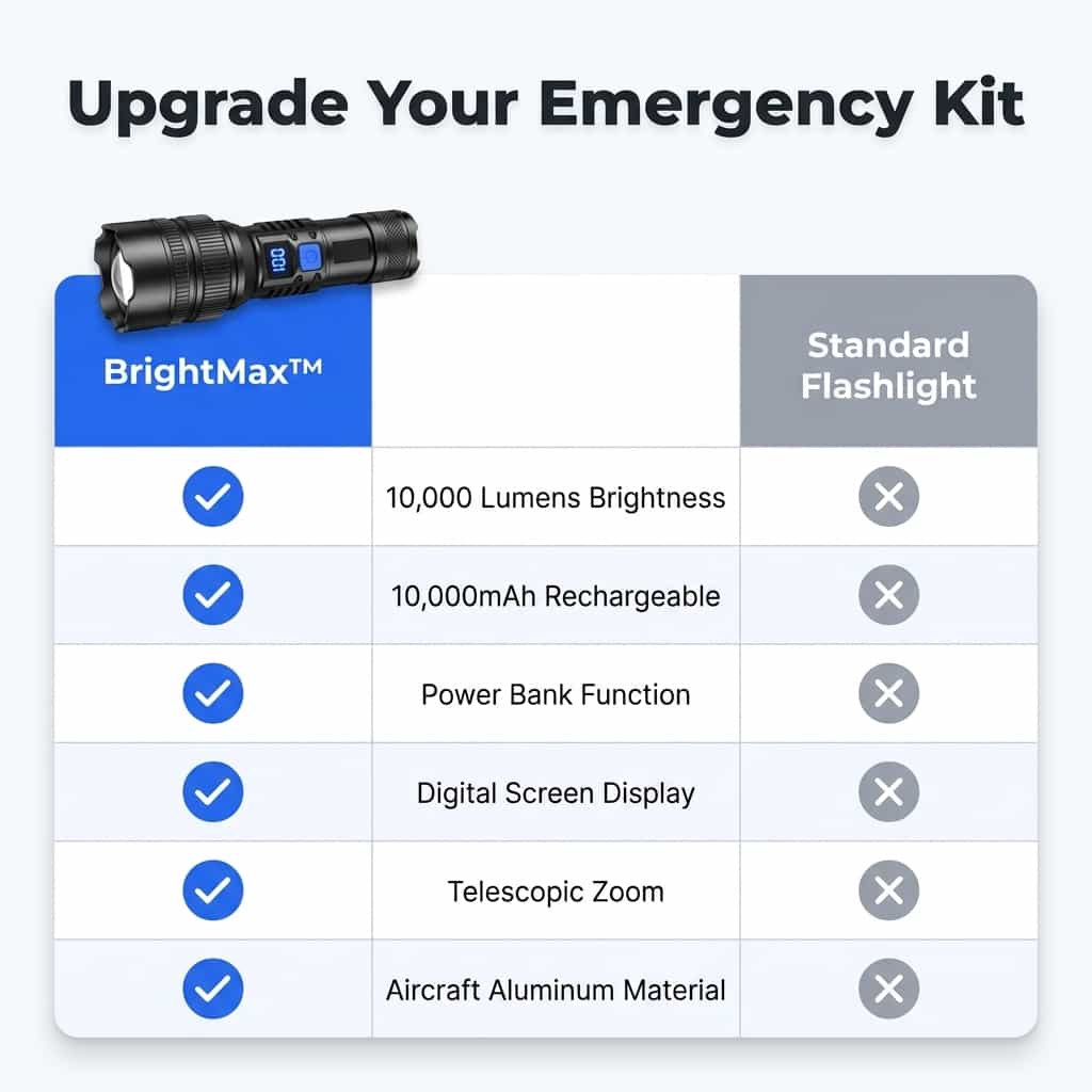 Aarenza BrightMax Ultra-Bright Zoom LED Flashlight with adjustable focus, shown in a comparison table image highlighting features.