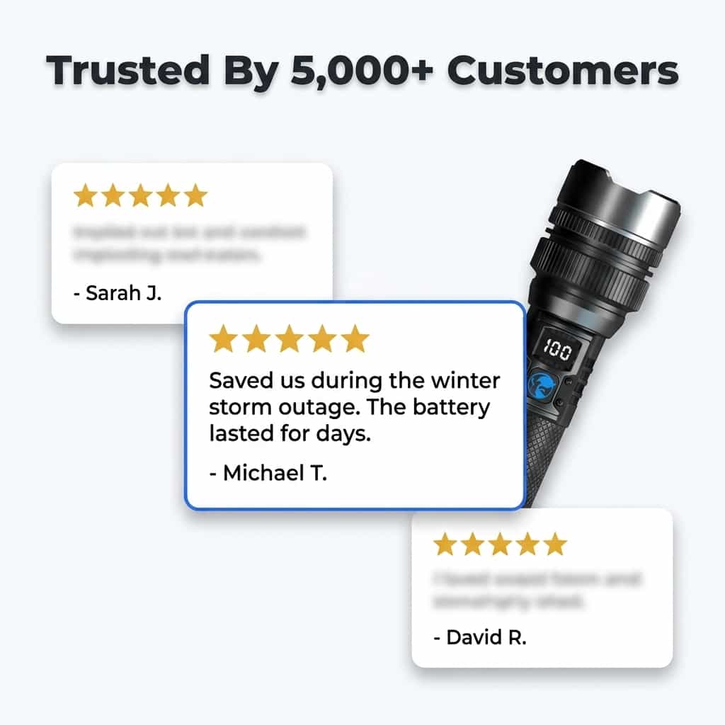 Aarenza BrightMax Ultra-Bright Zoom LED Flashlight with adjustable focus and durable black handle, ideal for outdoor use.