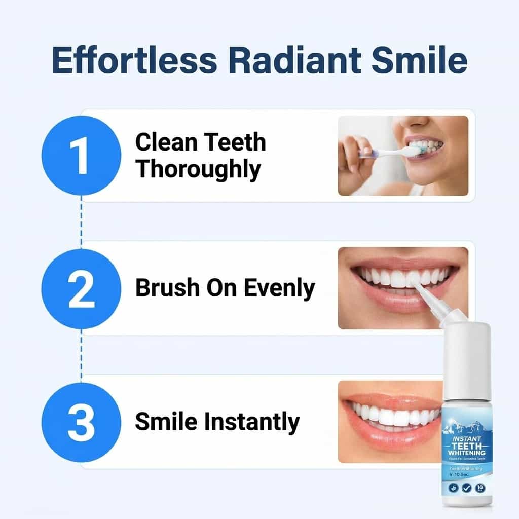 Arenzza BrightSmile™ peroxide-free teeth whitening kit with six numbered steps and dental care accessories.