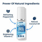 BrightSmile™ Arenzza peroxide-free teeth whitening care with 8 benefit callouts highlighting gentle, sensitive teeth protection.