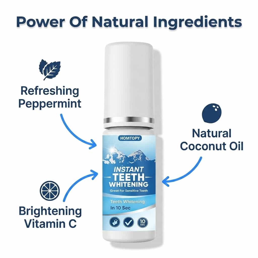 BrightSmile™ Arenzza peroxide-free teeth whitening care with 8 benefit callouts highlighting gentle, sensitive teeth protection.