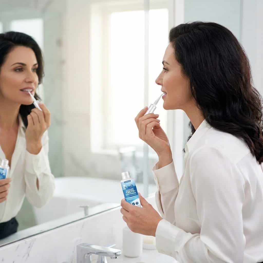 A person smiling with bright teeth, holding BrightSmile™ peroxide-free teeth whitening product by Arenzza in a lifestyle setting.