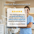 A testimonial card for BrightSmile™ peroxide-free teeth care by Arenzza, featuring a smiling person with bright, healthy teeth.