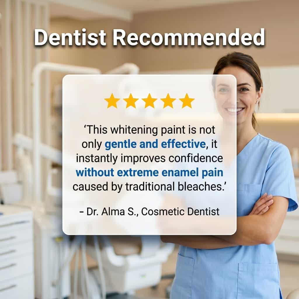 A testimonial card for BrightSmile™ peroxide-free teeth care by Arenzza, featuring a smiling person with bright, healthy teeth.