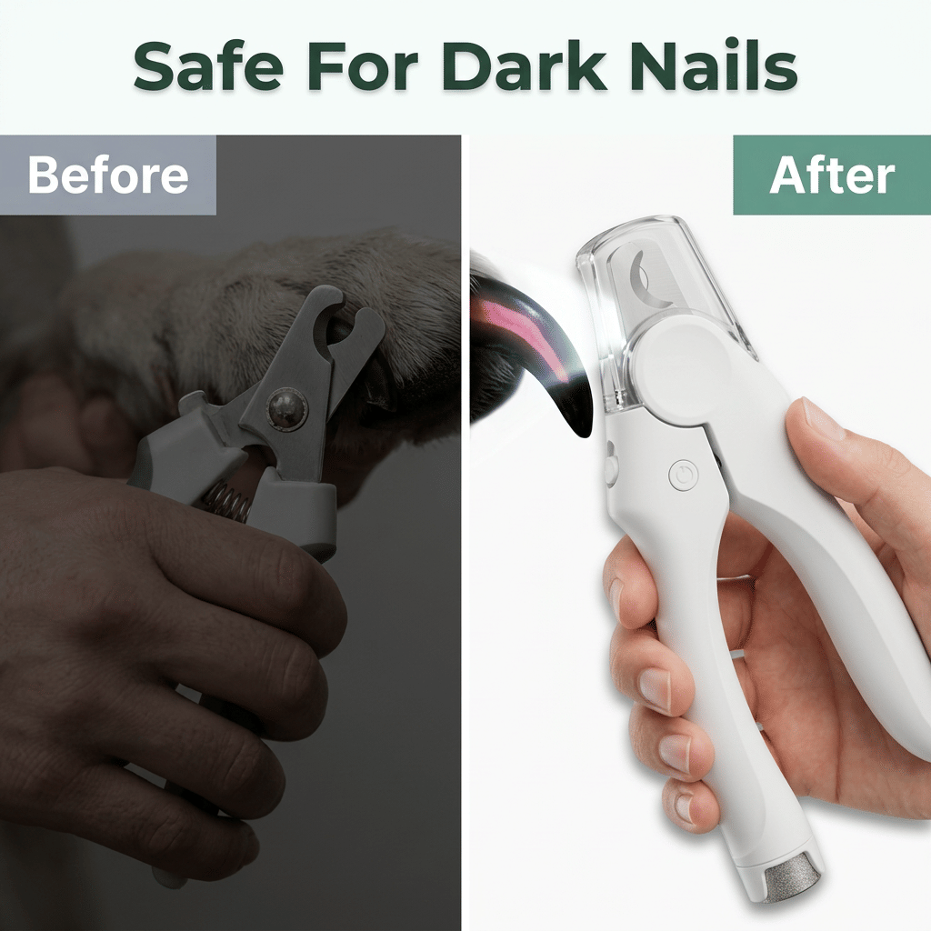 Arenzza BrightTrim™ dual LED trimming tool showing before and after images with focused LED lights for precise grooming.