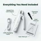 A set of seven BrightTrim™ dual LED trimming tools from Arenzza, showing various angles and bundled for precise grooming.