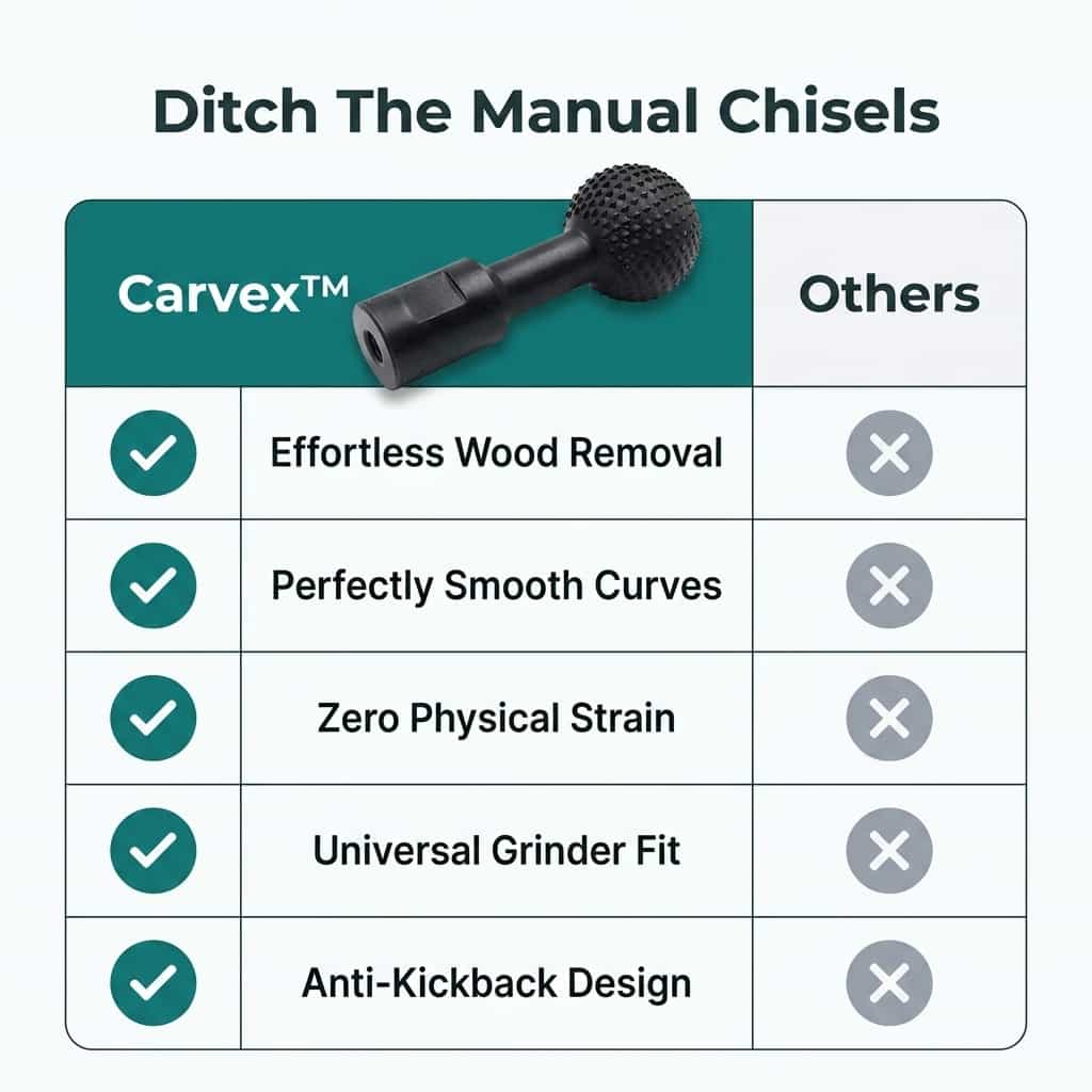 Arenzza Carvex™ wood sculpting tool with a close-up of detailed carving on a wooden piece, showcasing precision craftsmanship.