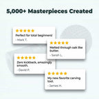 Arenzza Carvex™ wood sculpting tool displayed on a wall with social proof and customer reviews, showcasing craftsmanship and product details.