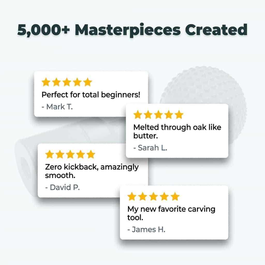 Arenzza Carvex™ wood sculpting tool displayed on a wall with social proof and customer reviews, showcasing craftsmanship and product details.