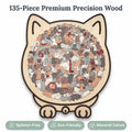A wooden cat puzzle by Arenzza, featuring 135 pieces with colorful feline-shaped interlocking parts on a white background.
