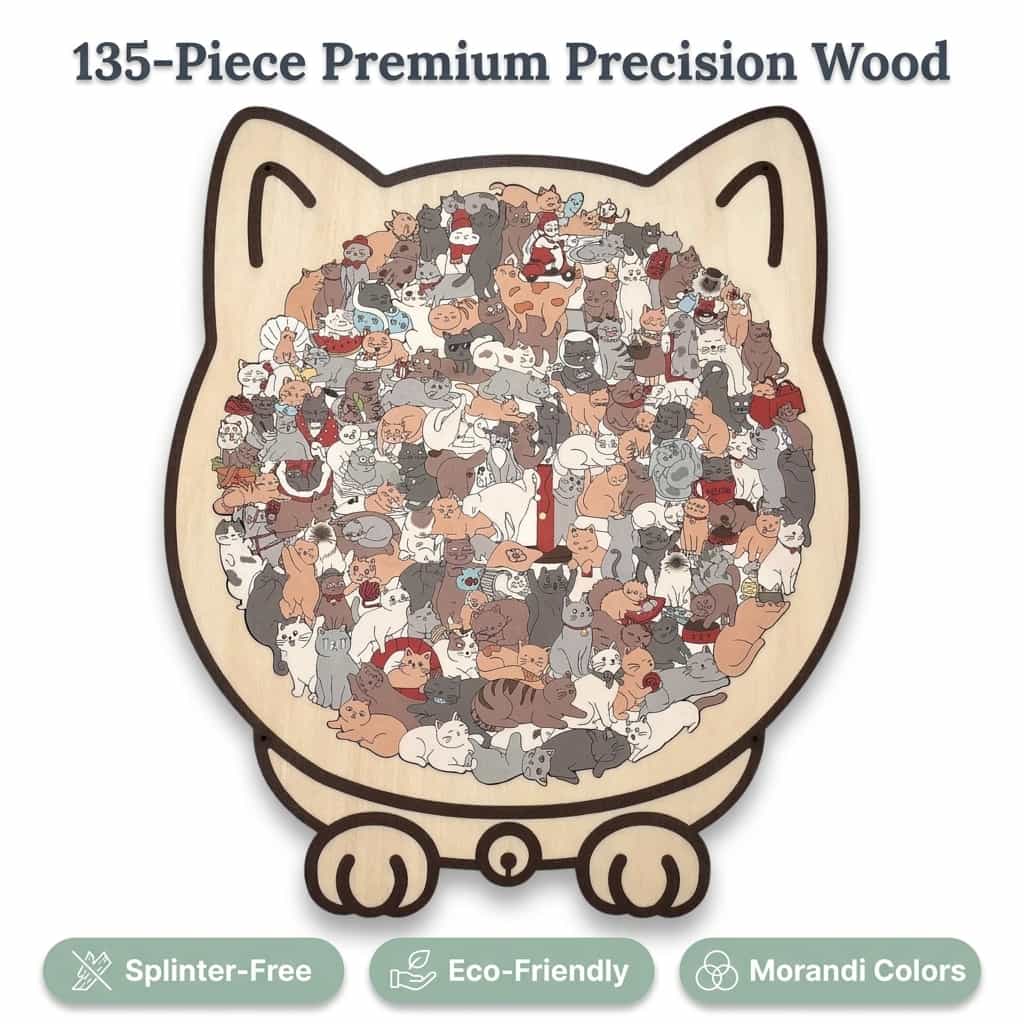 A wooden cat puzzle by Arenzza, featuring 135 pieces with colorful feline-shaped interlocking parts on a white background.