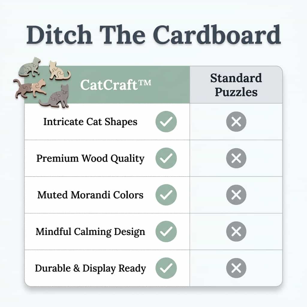 Comparison table of CatCraft™ Premium 135-piece wooden cat puzzle by Arenzza, showing puzzle pieces and assembled sections.
