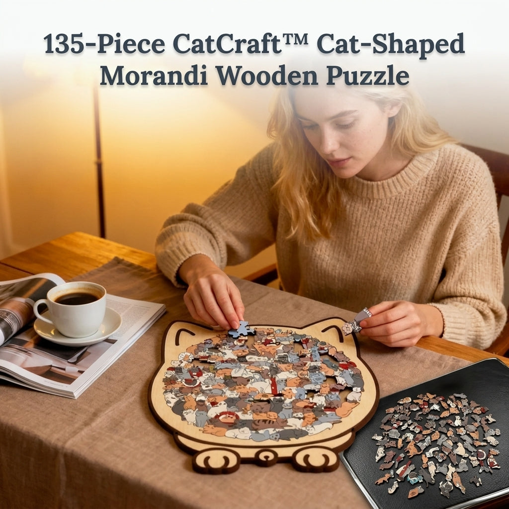 A wooden cat puzzle with 135 pieces from Arenzza's CatCraft™ collection, showing the assembled puzzle and scattered pieces.