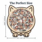 A detailed 7-dimensional size diagram of the CatCraft™ Premium 135-piece wooden cat puzzle by Arenzza, showing puzzle components and measurements.