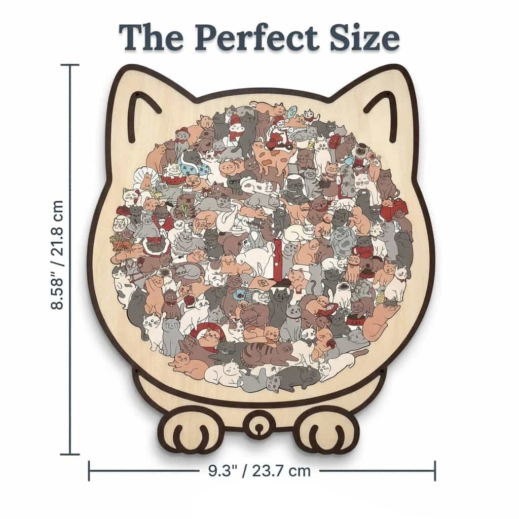 A detailed 7-dimensional size diagram of the CatCraft™ Premium 135-piece wooden cat puzzle by Arenzza, showing puzzle components and measurements.